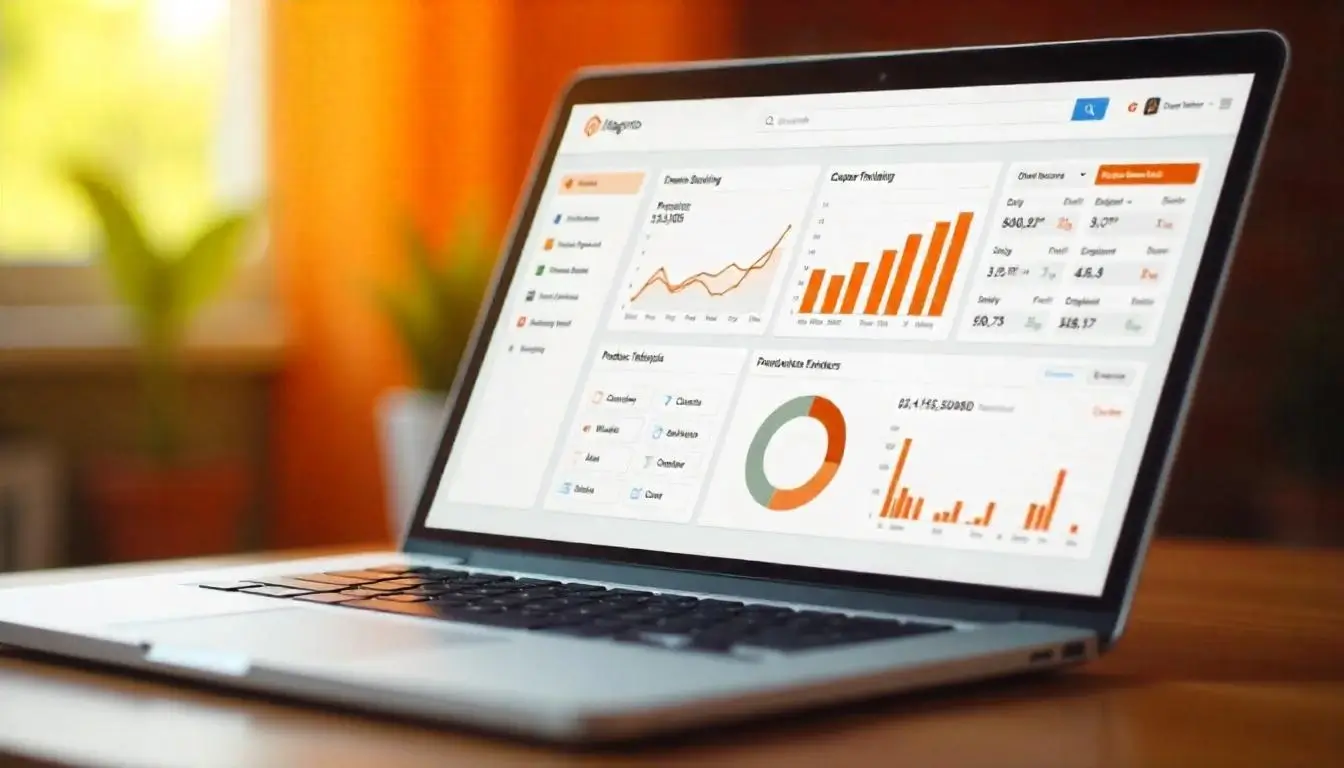 Magento admin dashboard showing analytics for sales, product performance, and customer data.