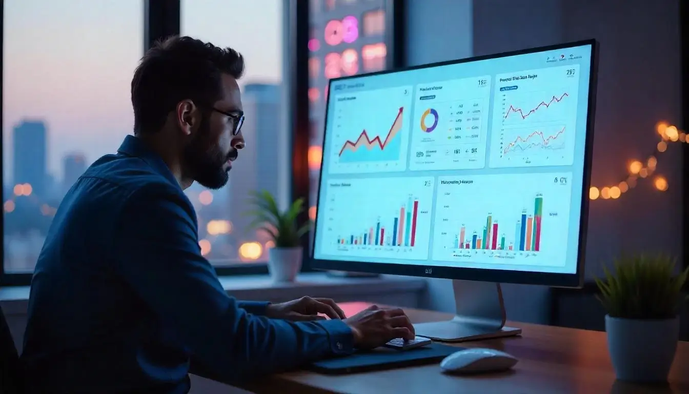 SEO expert analyzing website performance with keyword tools and growth charts.