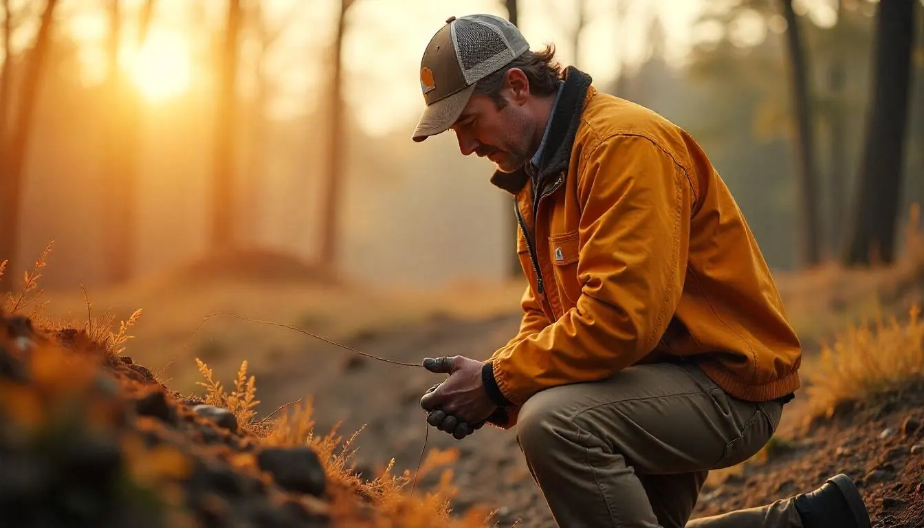 Person wearing classic Carhartt Detroit jacket working outdoors, demonstrating durable and reliable workwear
