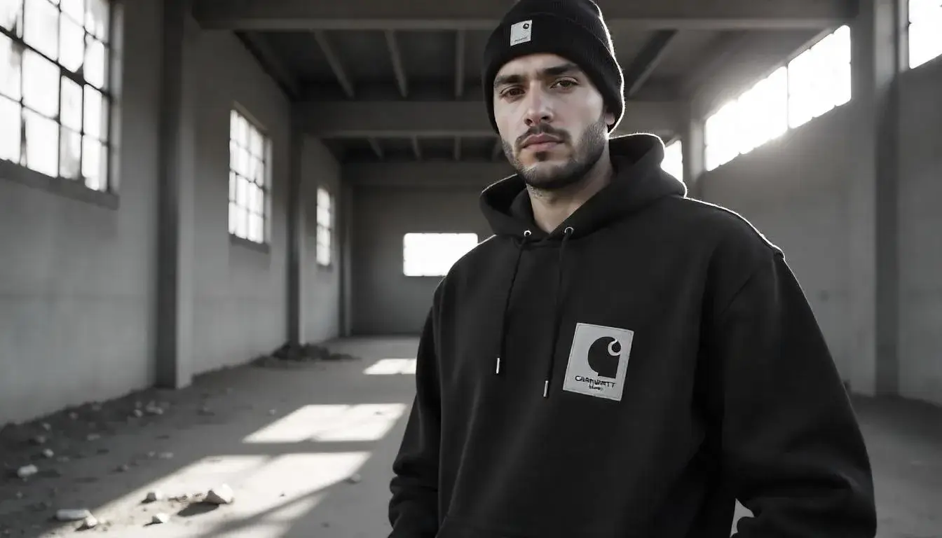  Model wearing Carhartt WIP hoodie and beanie in an urban setting, representing streetwear fashion