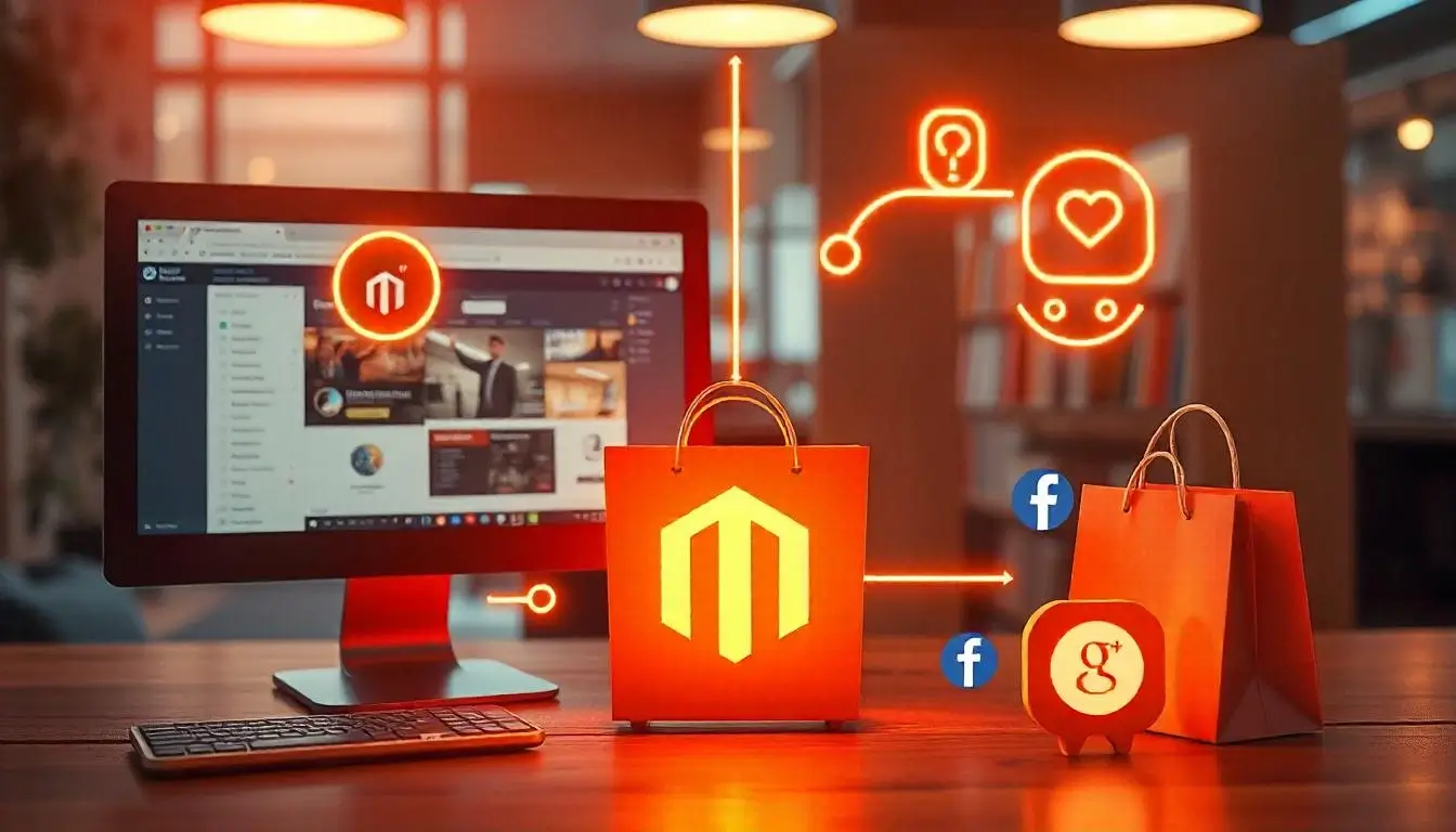 Omnichannel integration with Magento connecting online store, mobile app, physical store, and social media platforms.