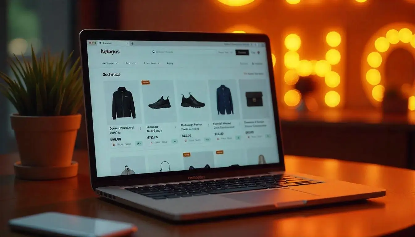 Ecommerce website interface with a product catalog, search bar, and secure payment options.