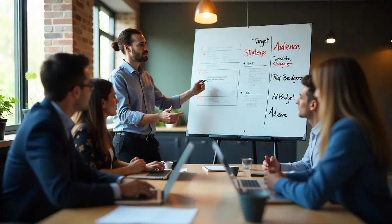Team of marketing professionals discussing campaign strategies for ecommerce advertising.