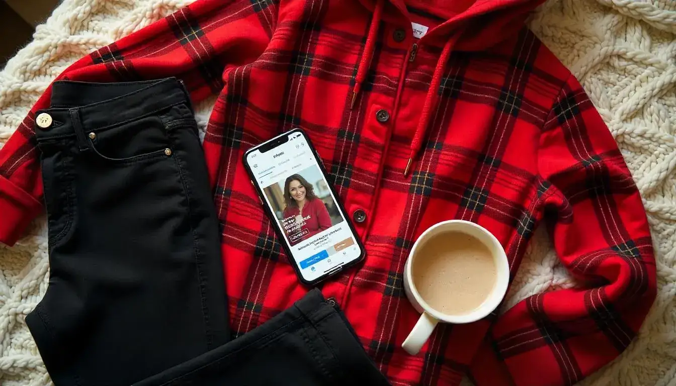 Flat lay of Hollister hoodie, jeans, and mobile shopping app for 2025 review