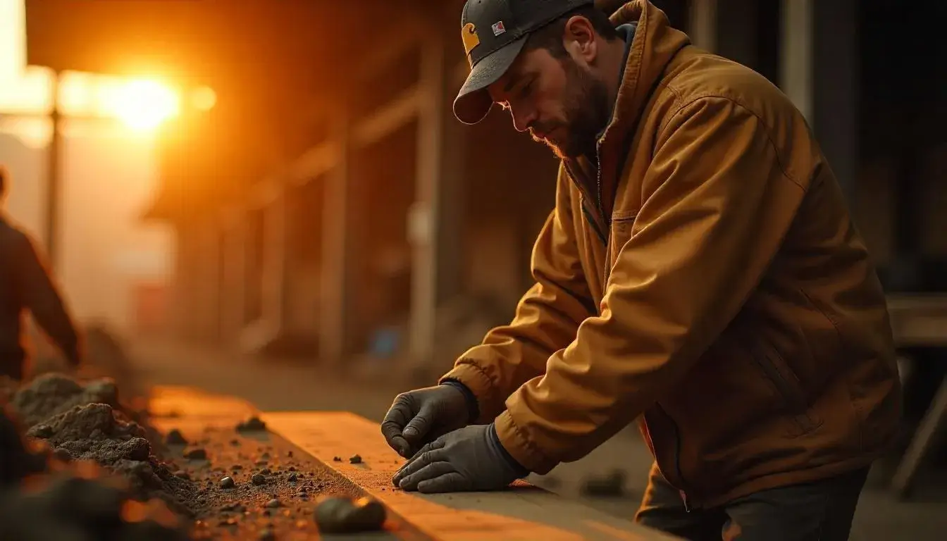  Person wearing Carhartt jacket and pants working outdoors, showcasing durable and rugged workwear