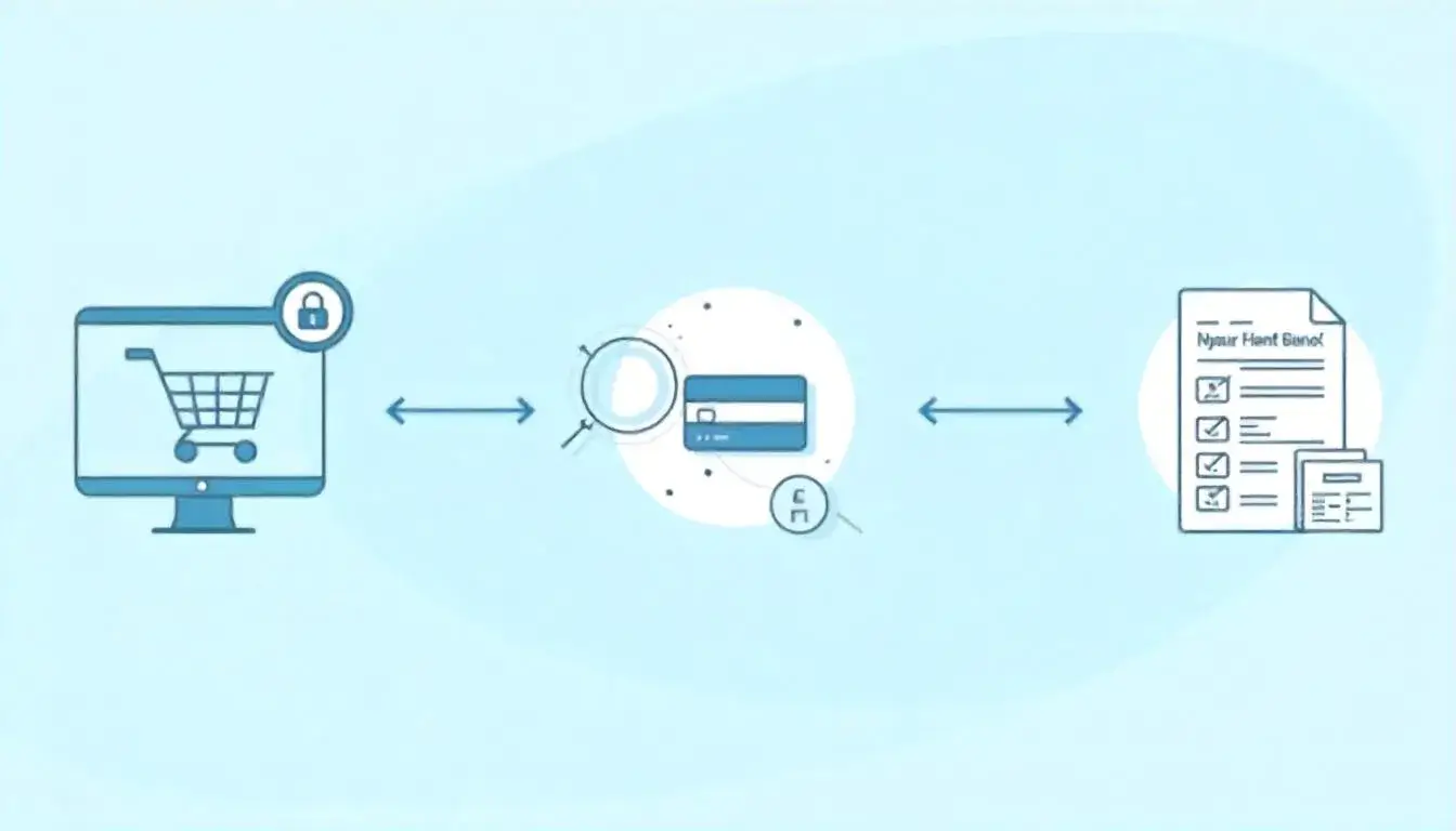 Flowchart illustrating the e-commerce payment process from customer order to merchant bank settlement.
