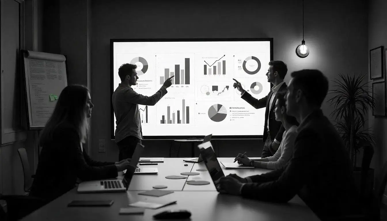 A team collaborating on an ecommerce advertising strategy, analyzing charts and planning campaigns in a modern office setting.
