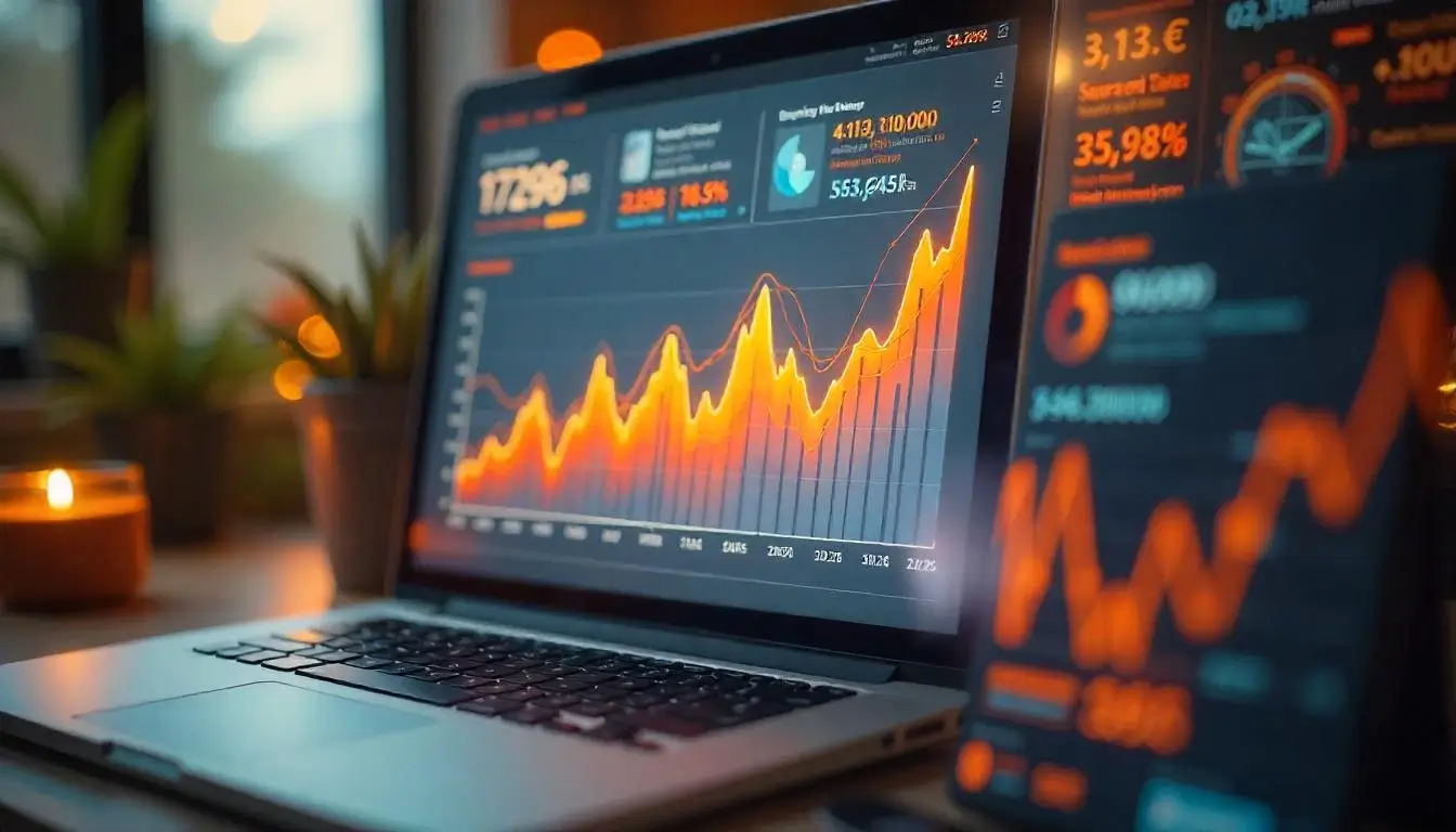 An analytics dashboard showing increased sales, conversion rates, and user engagement for an ecommerce store.