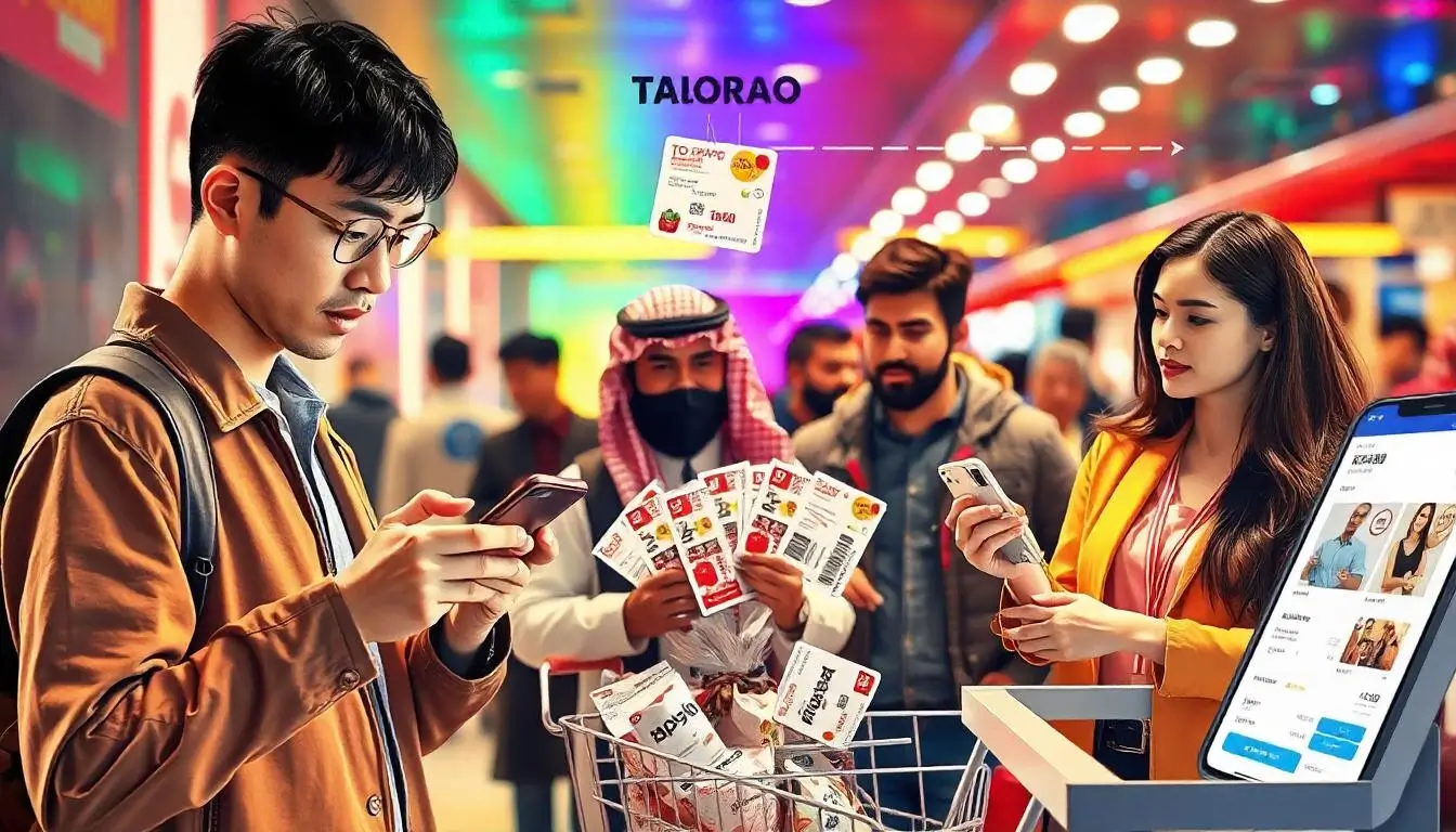 Infographic showing steps to unlock the best deals on Taobao, including registration, coupons, group buying, and checkout.