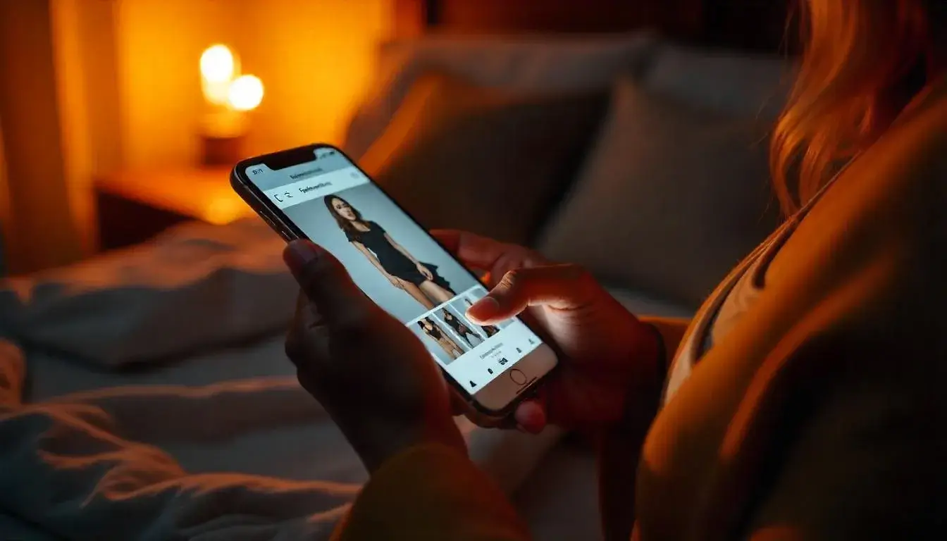 A close-up of a smartphone displaying the Fashion Nova mobile app or website, with a hand browsing products.