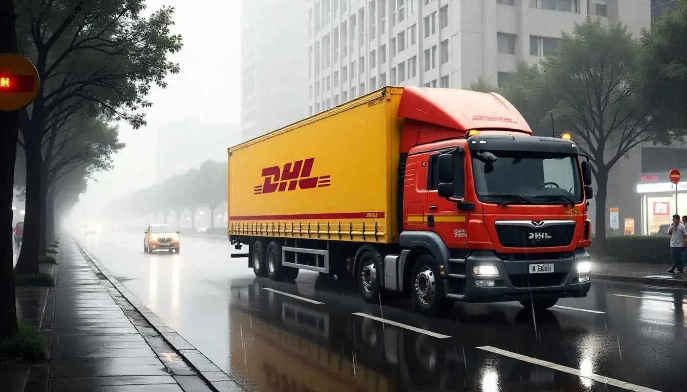 Shipping courier logos like DHL, FedEx, and EMS with a map showing global routes from China