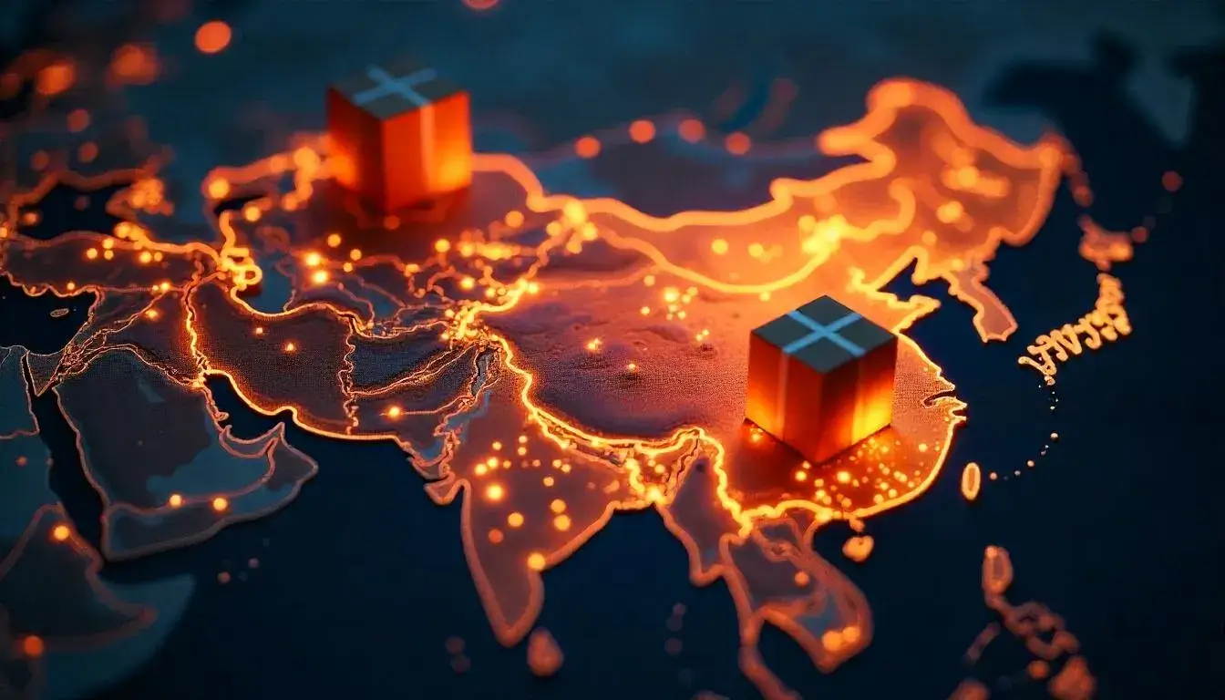 A map of China with package icons pointing to global destinations
