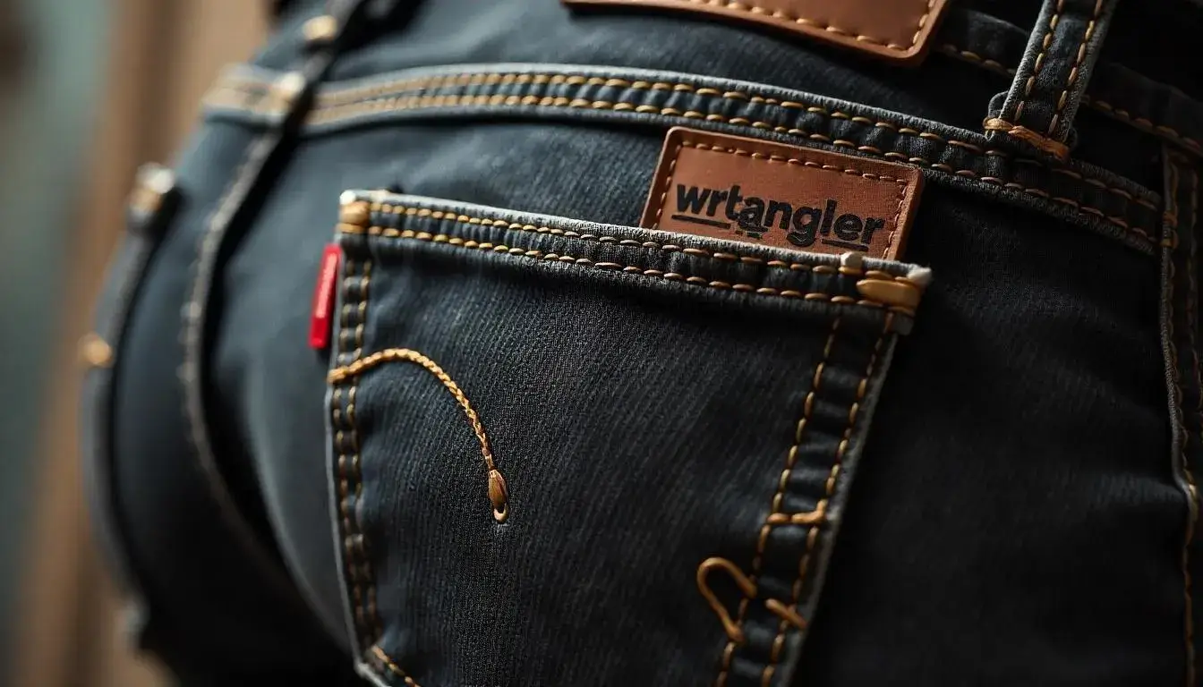 Close-up view of Wrangler jeans stitching and denim fabric texture showing quality details