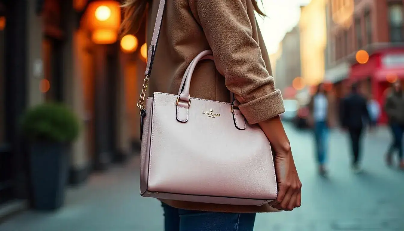  Woman carrying a colorful Kate Spade handbag in a city street setting, showcasing playful and chic fashion