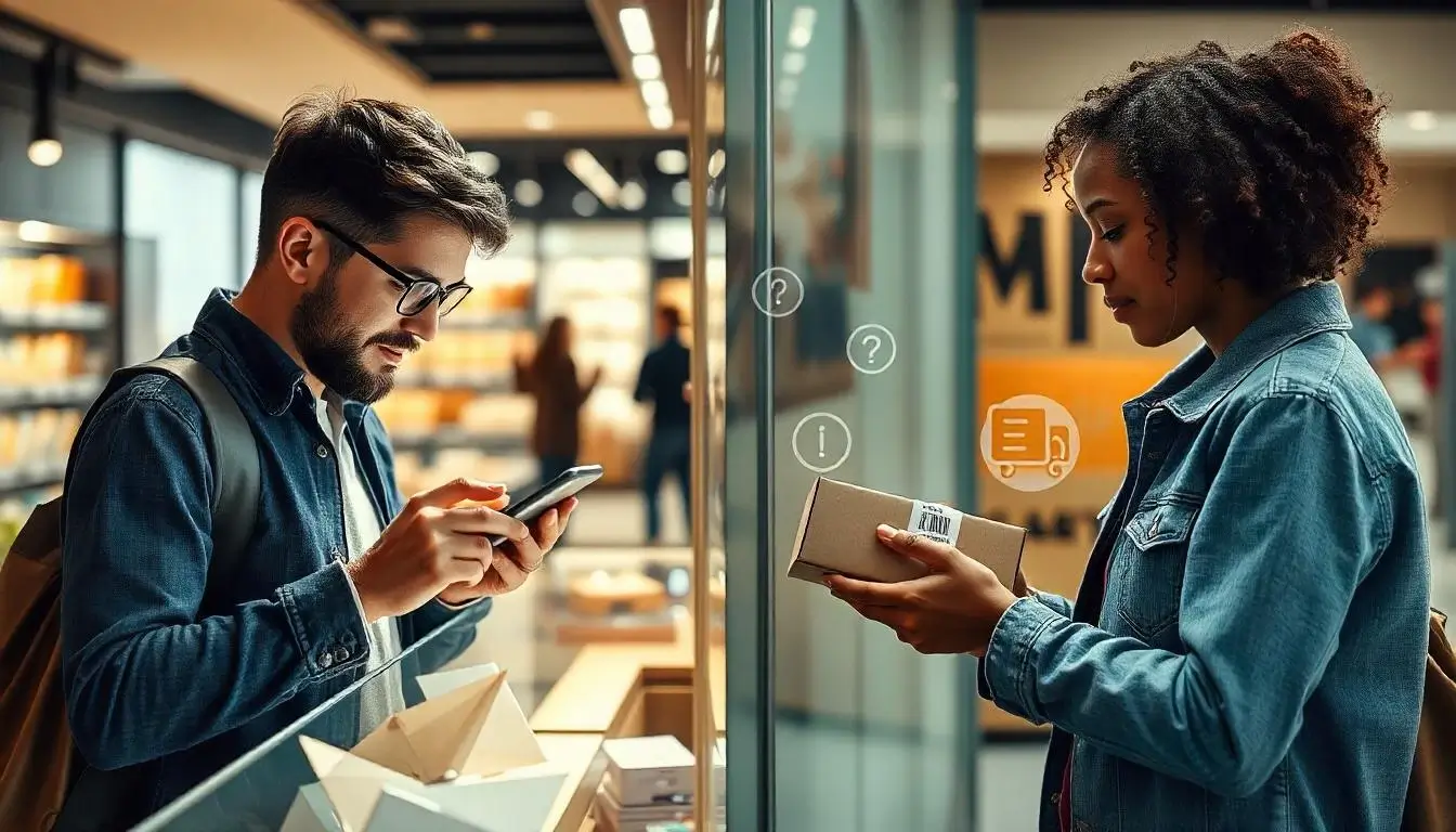 A customer engaging with a brand across multiple channels, from mobile shopping to in-store pickup.