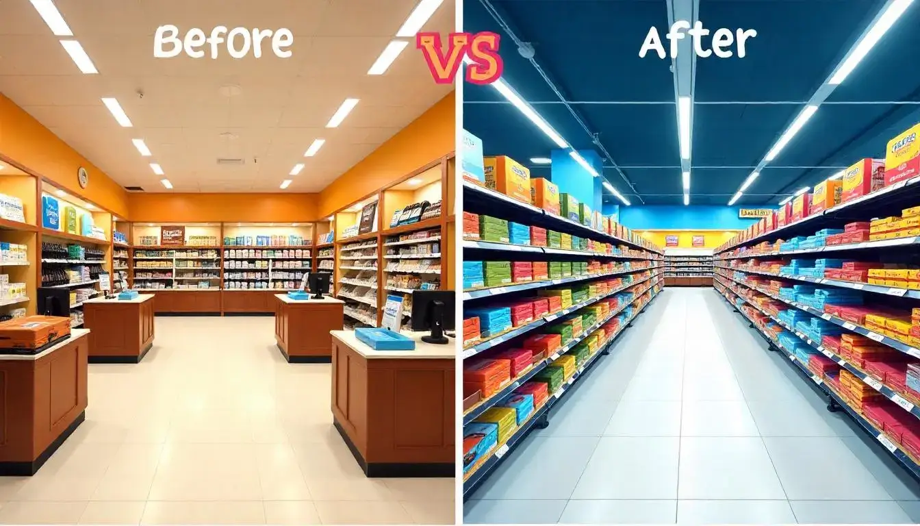 Comparison chart of Walmart vs traditional department store features including layout, pricing, and product variety.