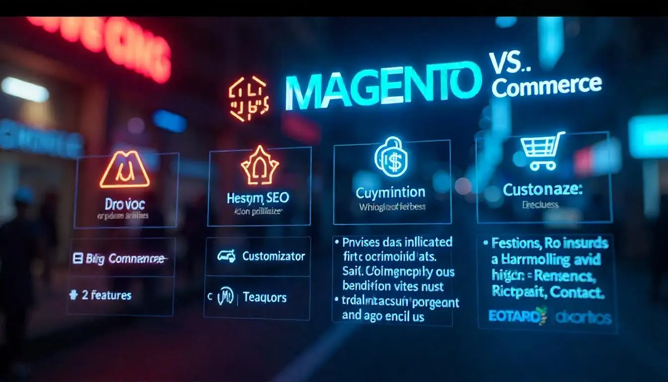 Comparison table highlighting features of Magento, Shopify, WooCommerce, and BigCommerce.