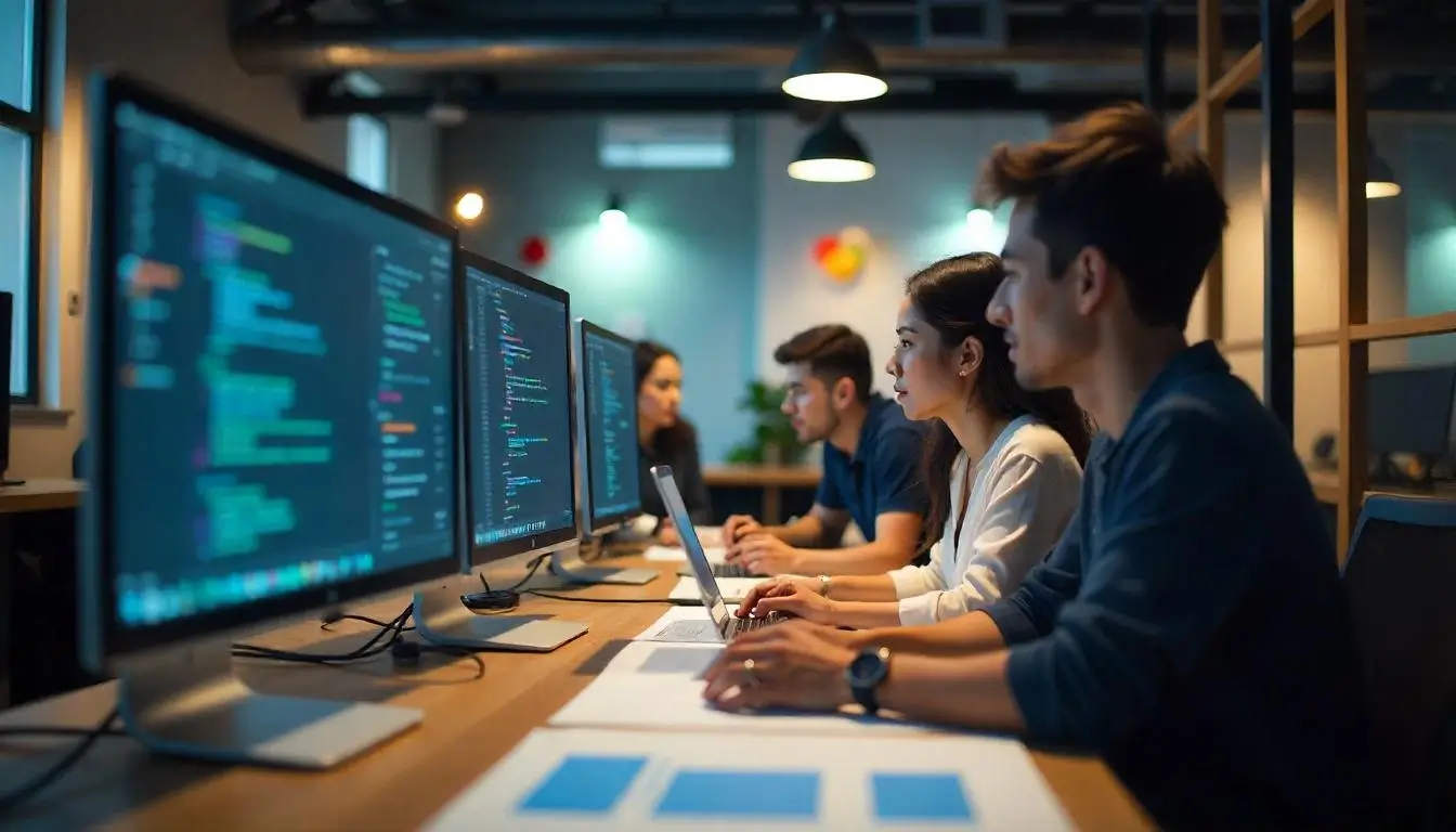 A team of developers working on an ecommerce website, with coding screens and UX design elements visible.