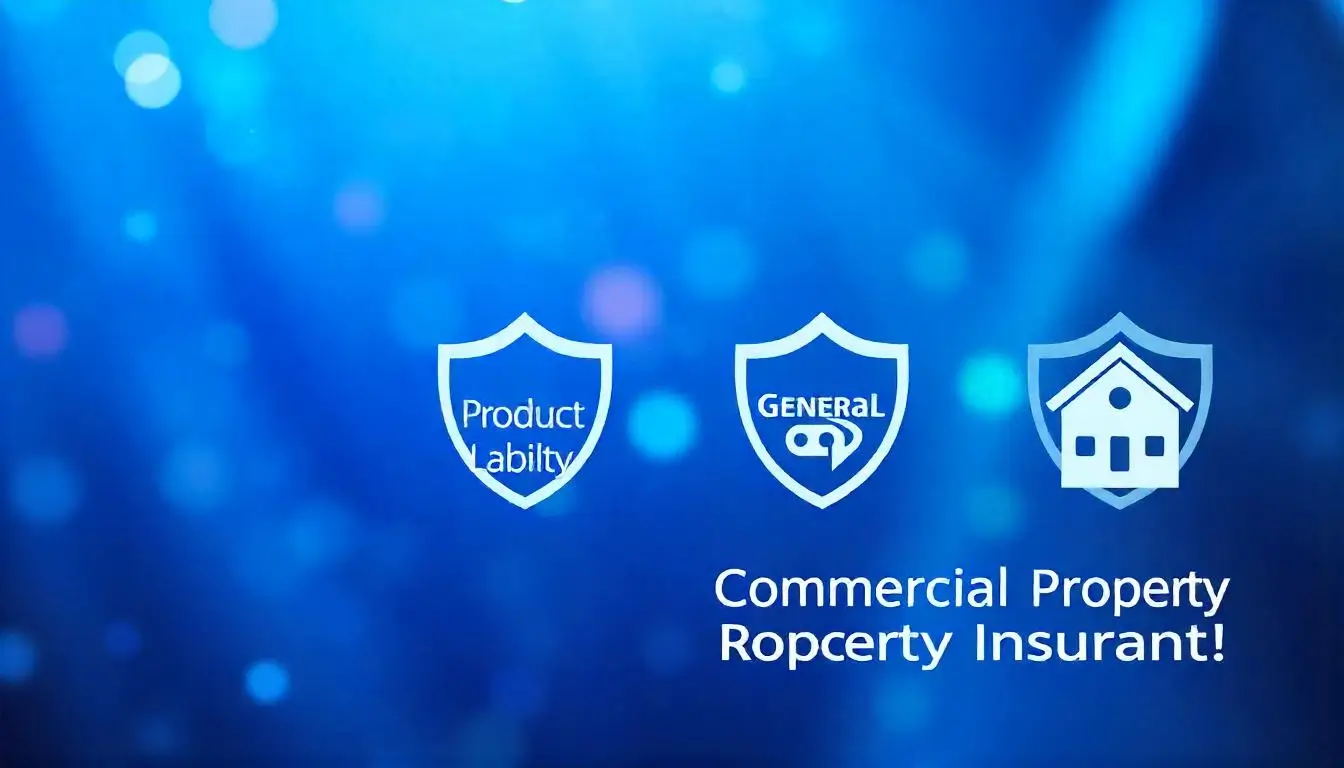 Infographic highlighting various types of insurance for ecommerce businesses, including Cyber Liability, Product Liability, General Liability, and Commercial Property Insurance.
