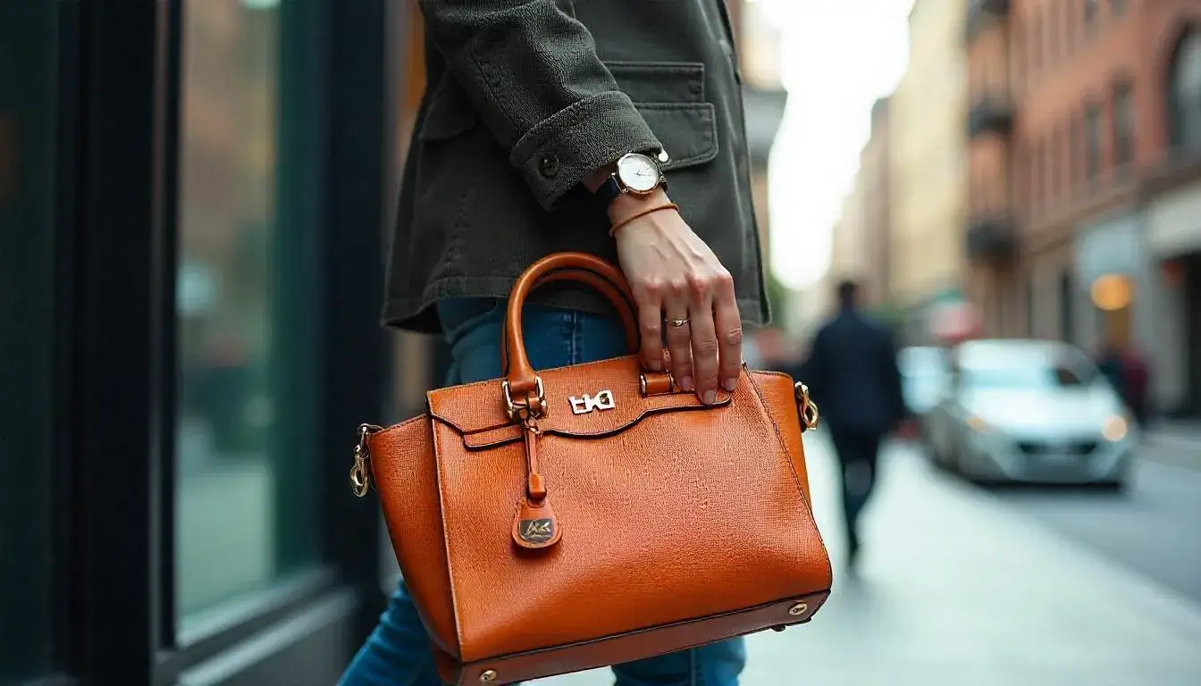 Person carrying Michael Kors handbag and wearing Michael Kors watch in a city setting