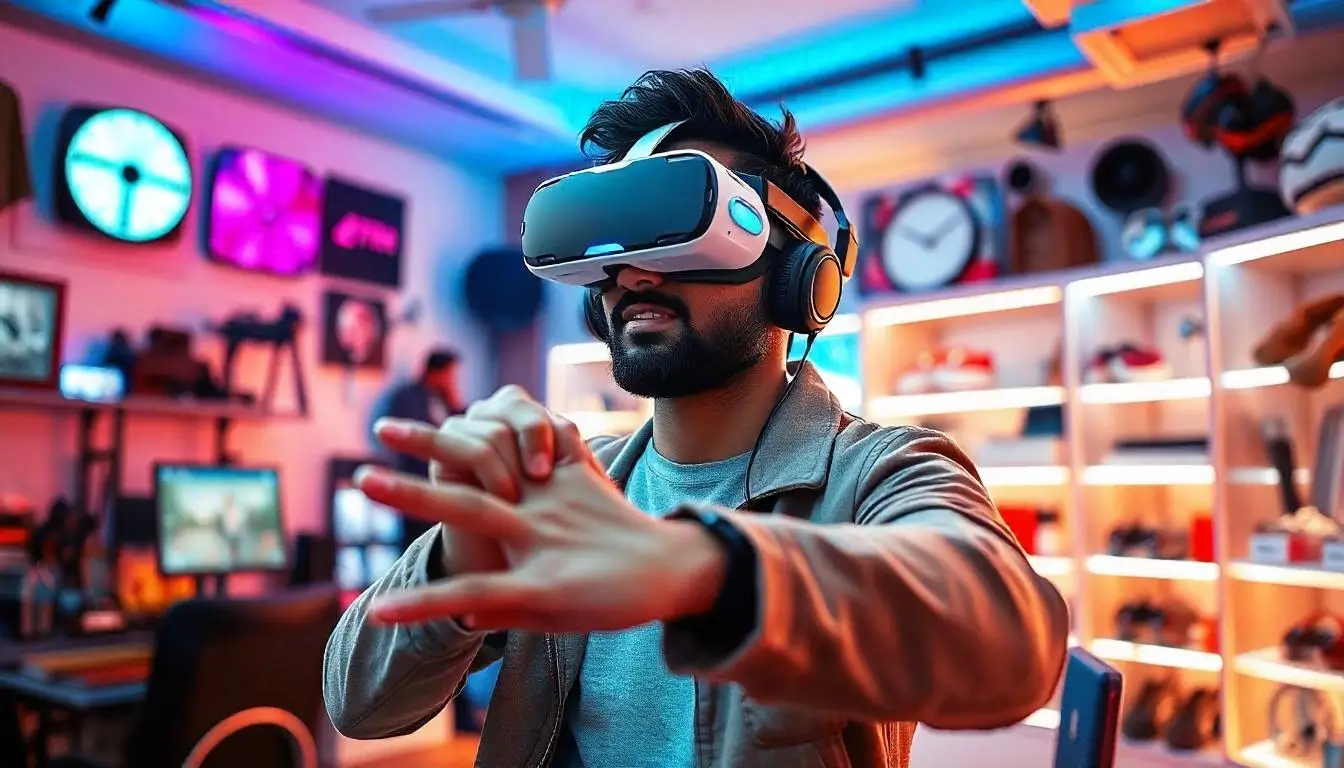 An AI-powered shopping assistant displaying personalized product recommendations on a futuristic digital interface, enhancing the online shopping experience.