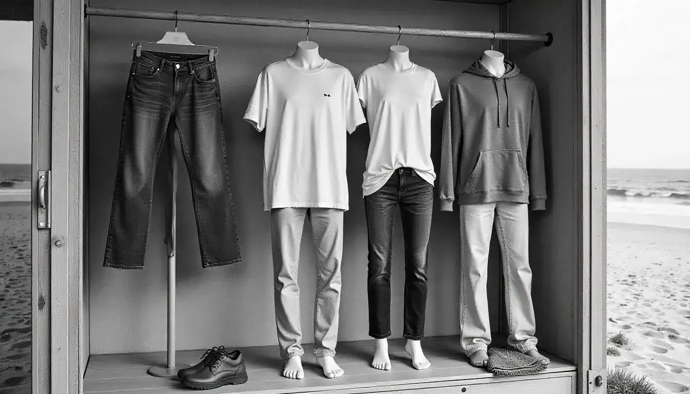 Assortment of Hollister jeans, hoodies, and graphic tees displayed on a retail wall