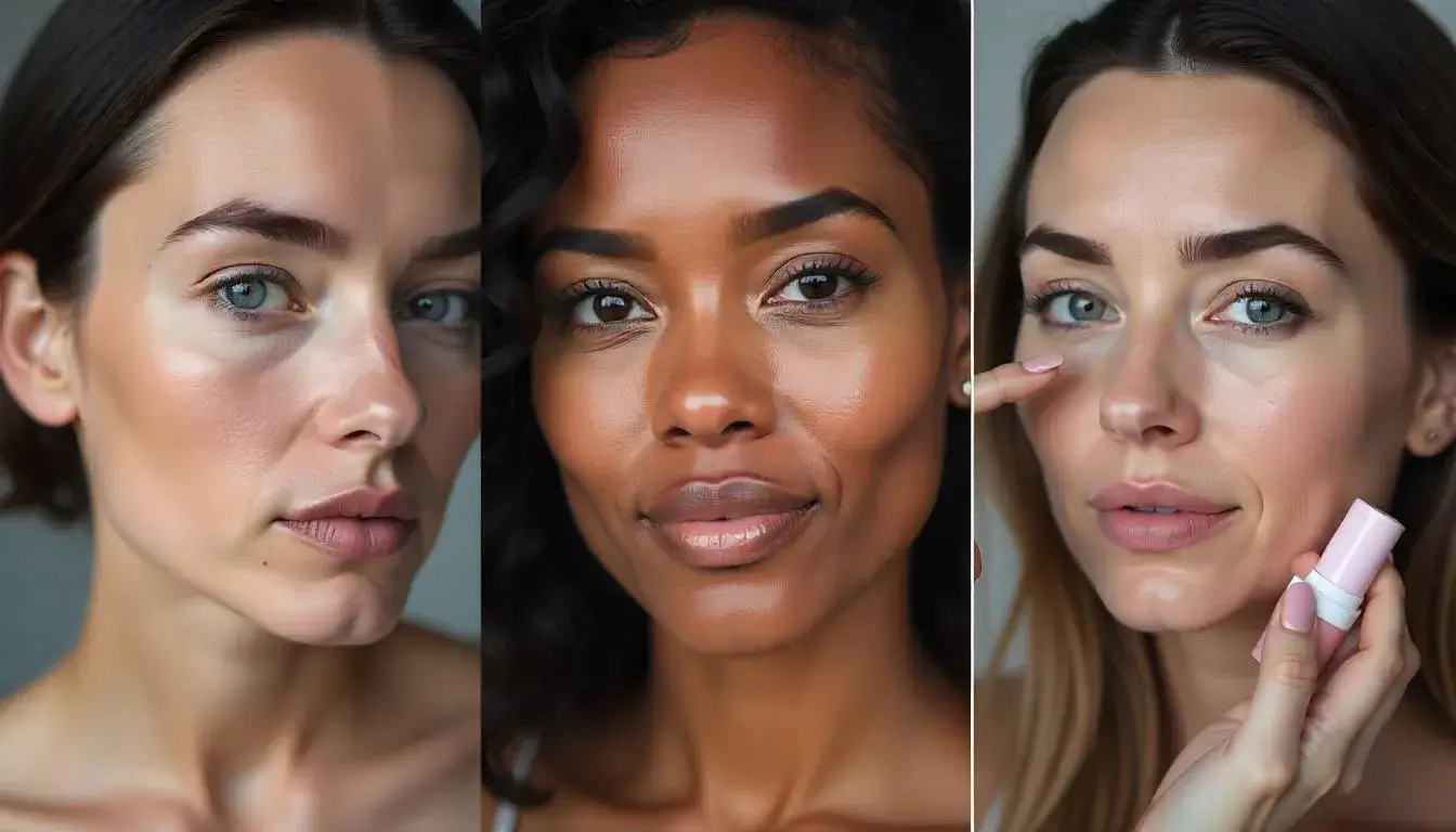 Real users applying and wearing Rare Beauty makeup products, showing diverse skin tones and natural finishes.