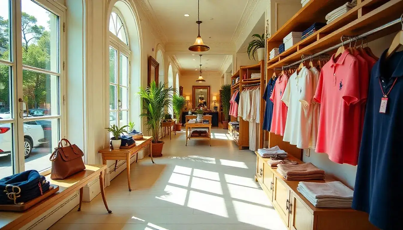 Interior of Polo Ralph Lauren store showing elegant clothing displays and luxury shopping environment