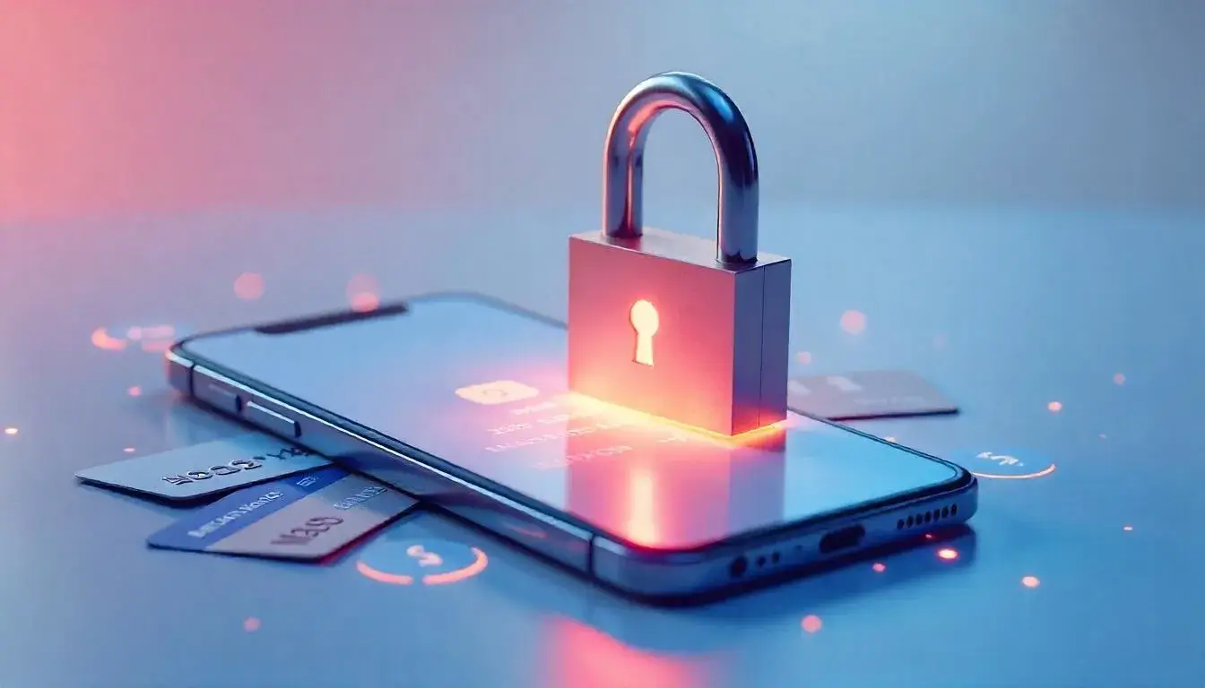 Illustration depicting secure online payment with a smartphone, credit cards, and a padlock symbolizing data protection.