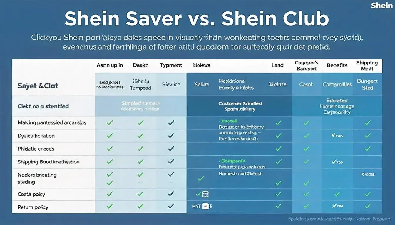  Side-by-side comparison table showing features of Shein Saver vs Shein Club