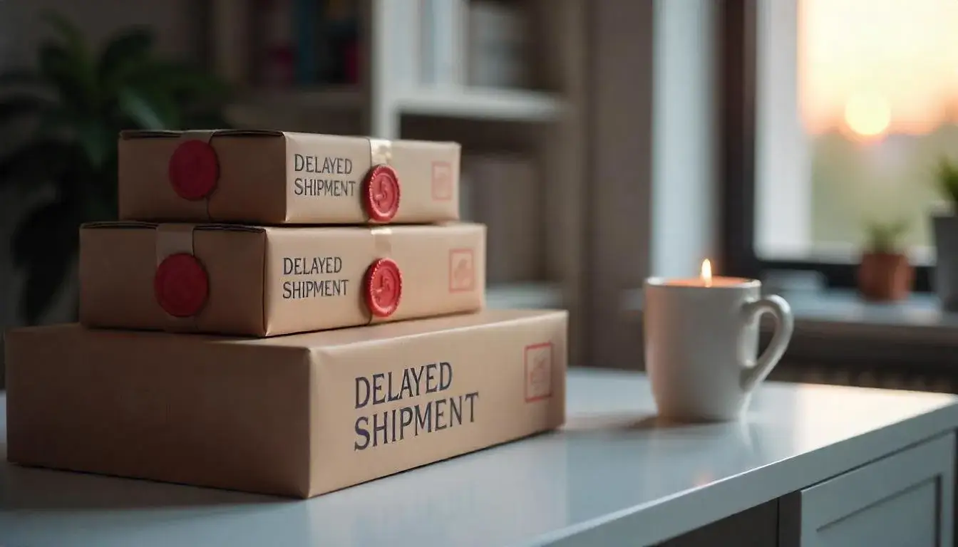 Stack of packages with delayed shipment stickers representing slow shipping issues on Temu.