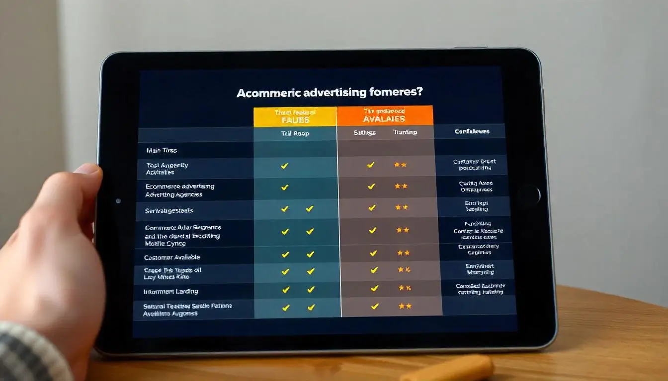 Comparison chart displaying features of various ecommerce advertising agencies to help in decision-making.