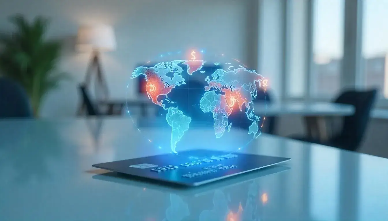 Virtual global credit card showing multiple currency symbols like CNY, USD, and EUR