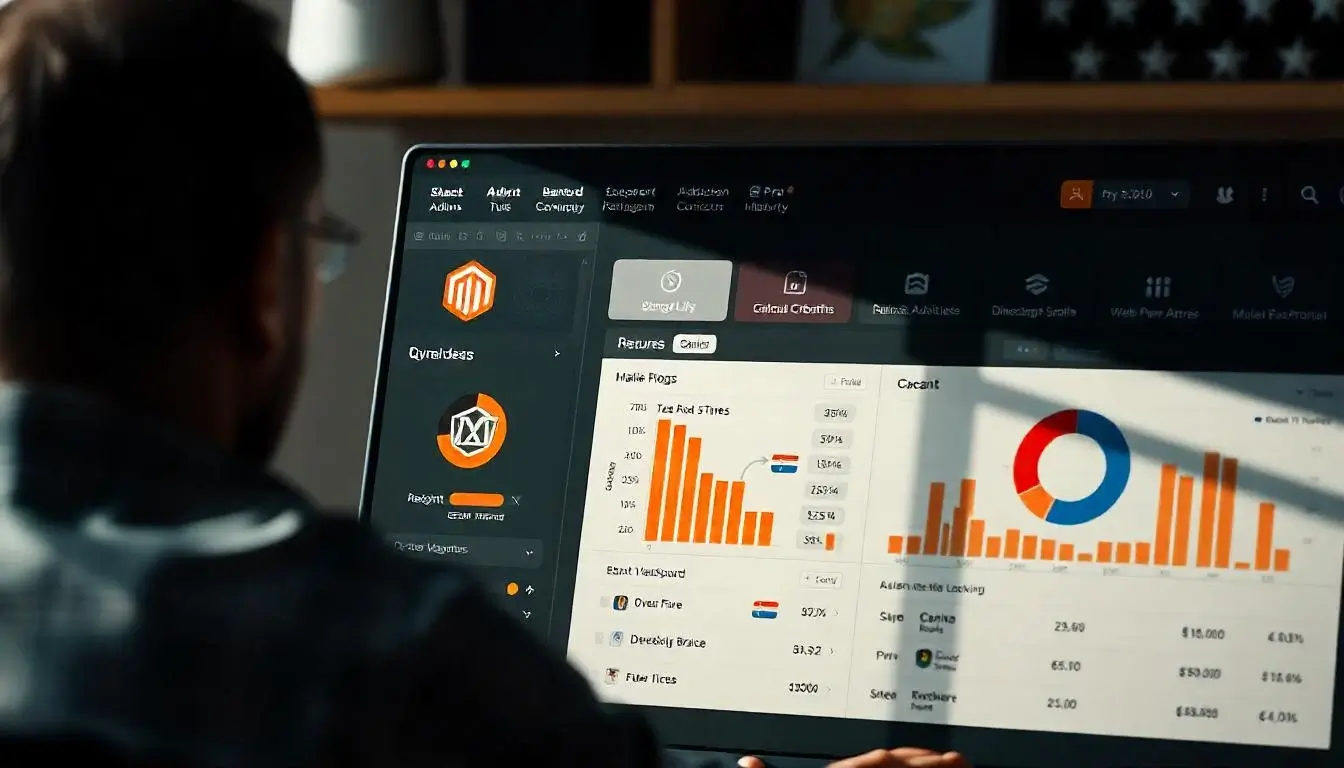 Magento ecommerce platform dashboard showcasing product management and analytics.