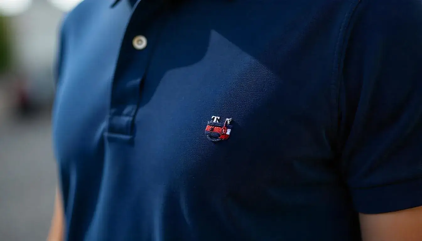Close-up of Tommy Hilfiger logo embroidered on a navy blue polo shirt