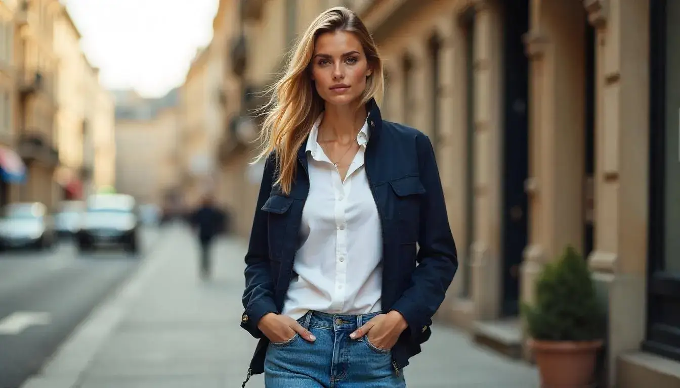 Model wearing Tommy Hilfiger casual outfit including jeans and jacket in an outdoor urban setting