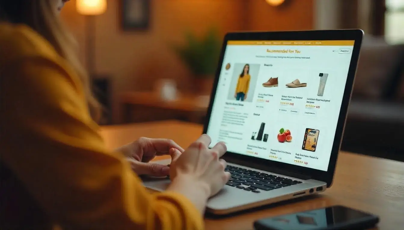 A person browsing a personalized online shopping experience with product recommendations on their laptop.