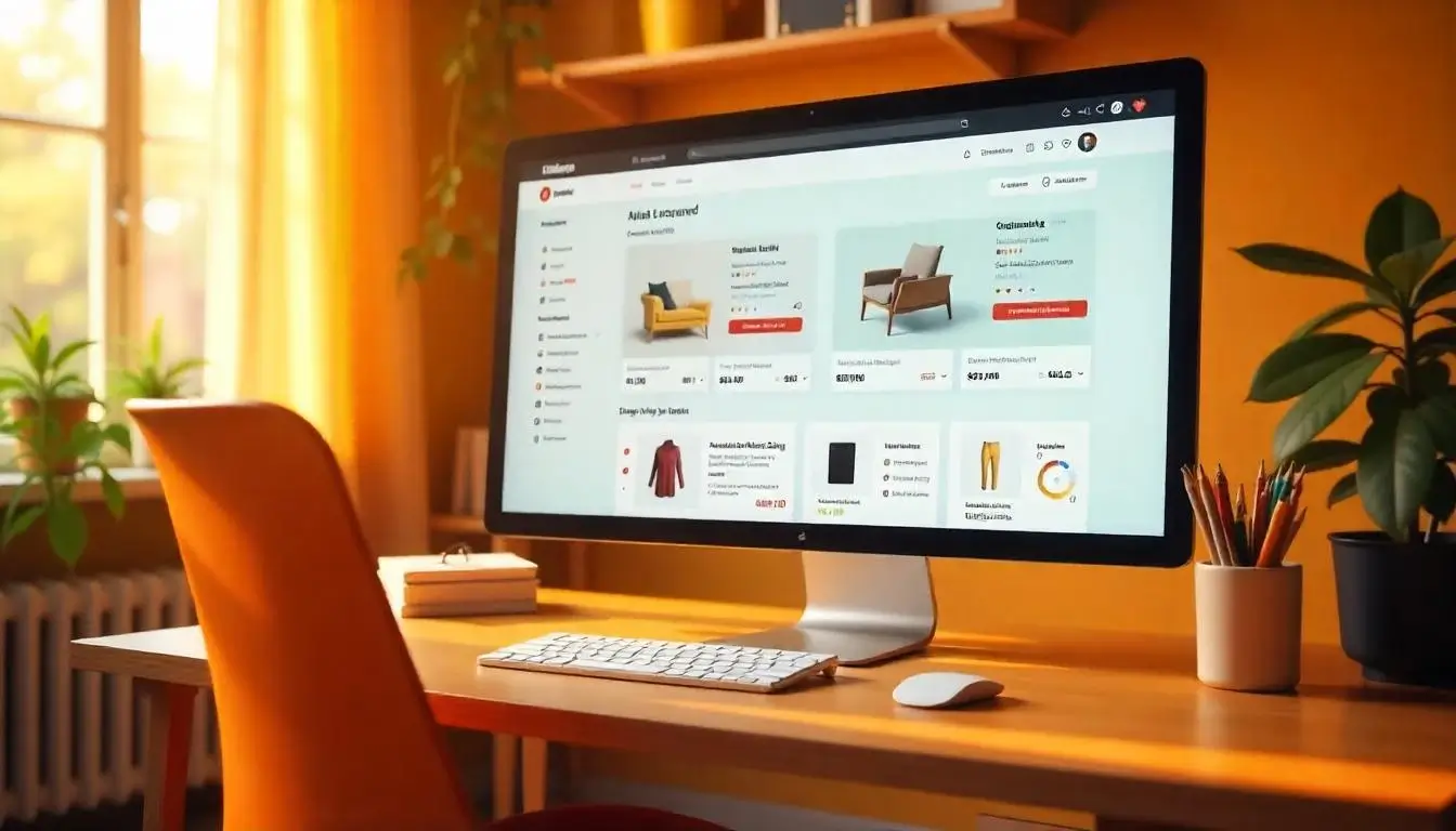A modern ecommerce website builder dashboard showing drag-and-drop design tools, product listings, and customization options.