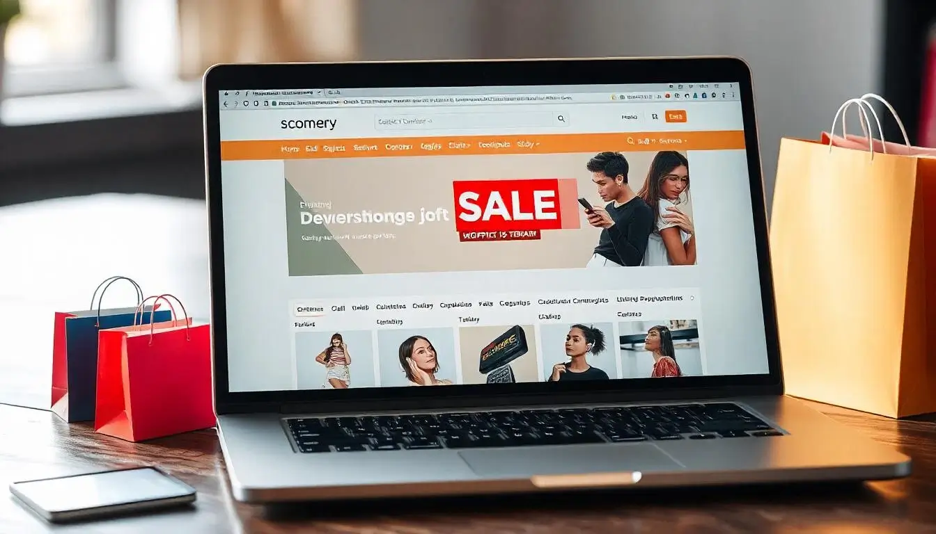 A laptop screen showing an ecommerce store homepage with a sale banner and product categories, representing online store marketing.
