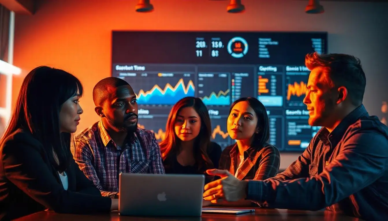 Ecommerce advertising agency team analyzing digital campaign metrics to boost sales.