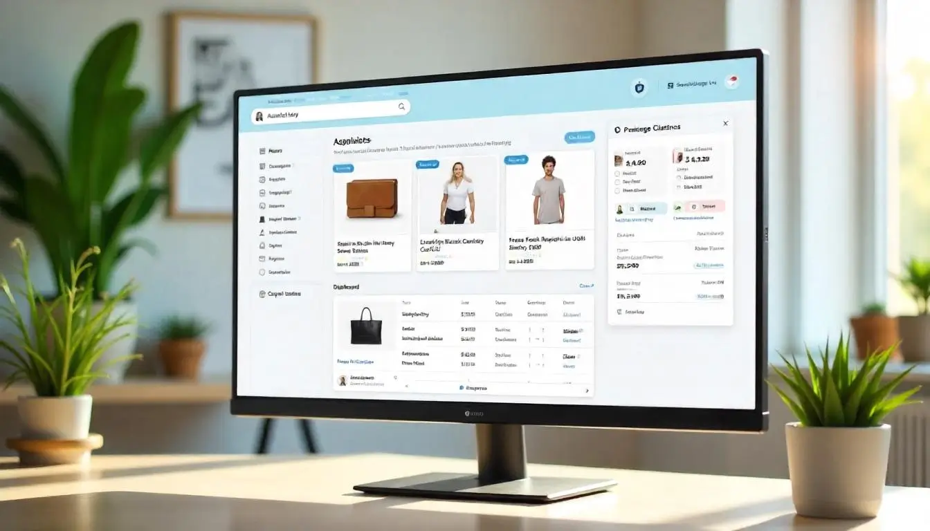 An eCommerce dashboard showing product listings, pricing, and inventory management options