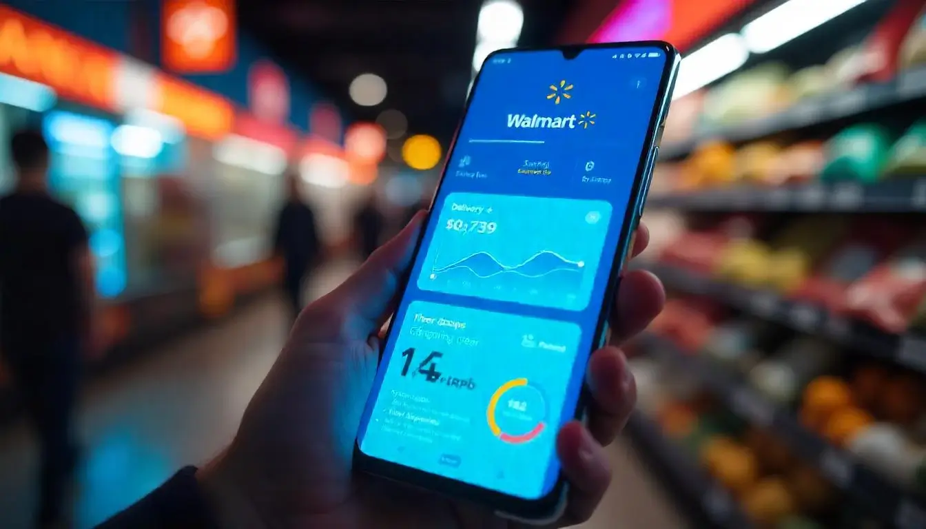 Screenshot of Walmart+ app showing delivery tracking, savings dashboard, and grocery list features