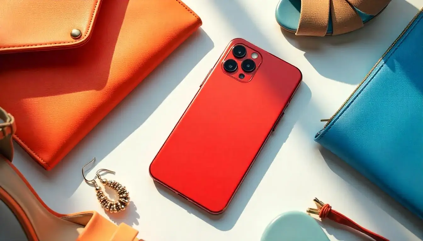 Flat lay photography setup for ecommerce, featuring a smartphone, lighting, and a white background with neatly arranged fashion accessories.