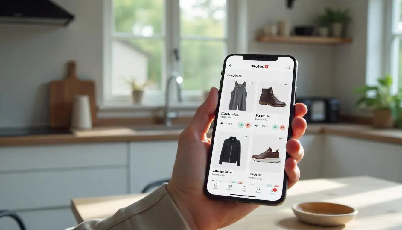 Taobao app interface displaying shopping categories and products.