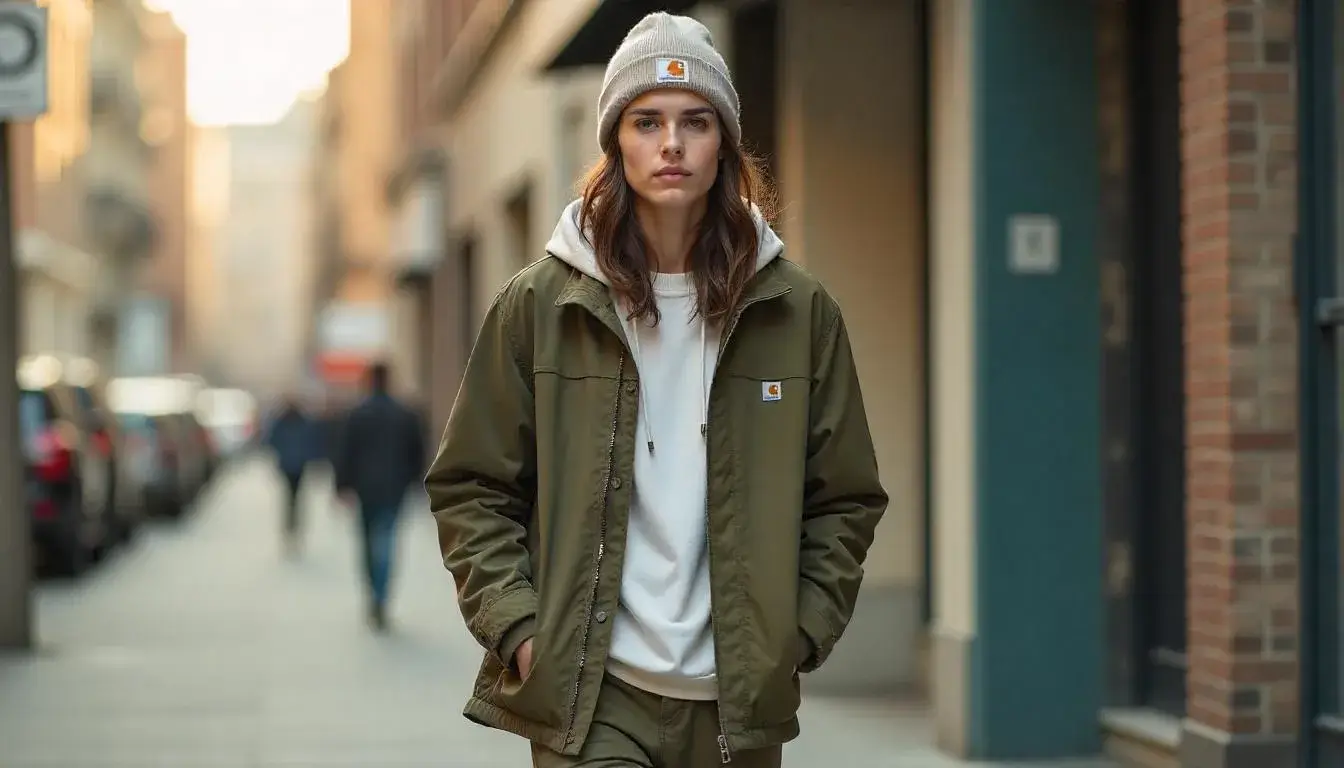 Model wearing Carhartt WIP hooded jacket and cargo pants in an urban streetwear setting, showcasing modern style and durability