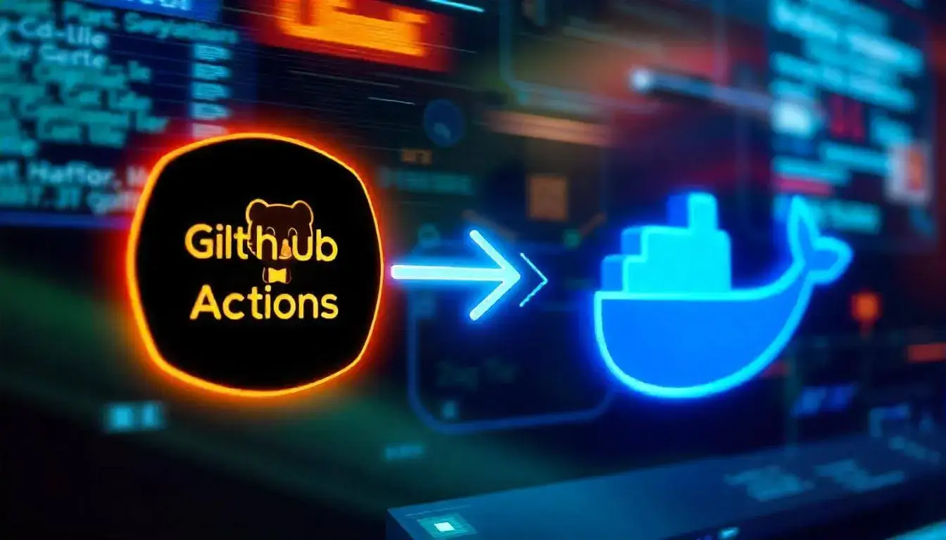 Illustration of a CI/CD pipeline with GitHub Actions and Docker, symbolizing automated deployment and cloud scalability