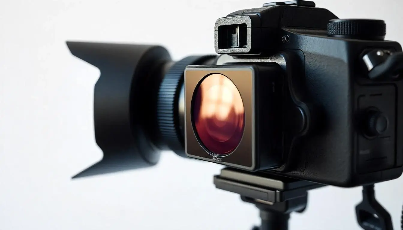Close-up of a high-end DSLR camera capturing a stylish product on a white backdrop with soft lighting.
