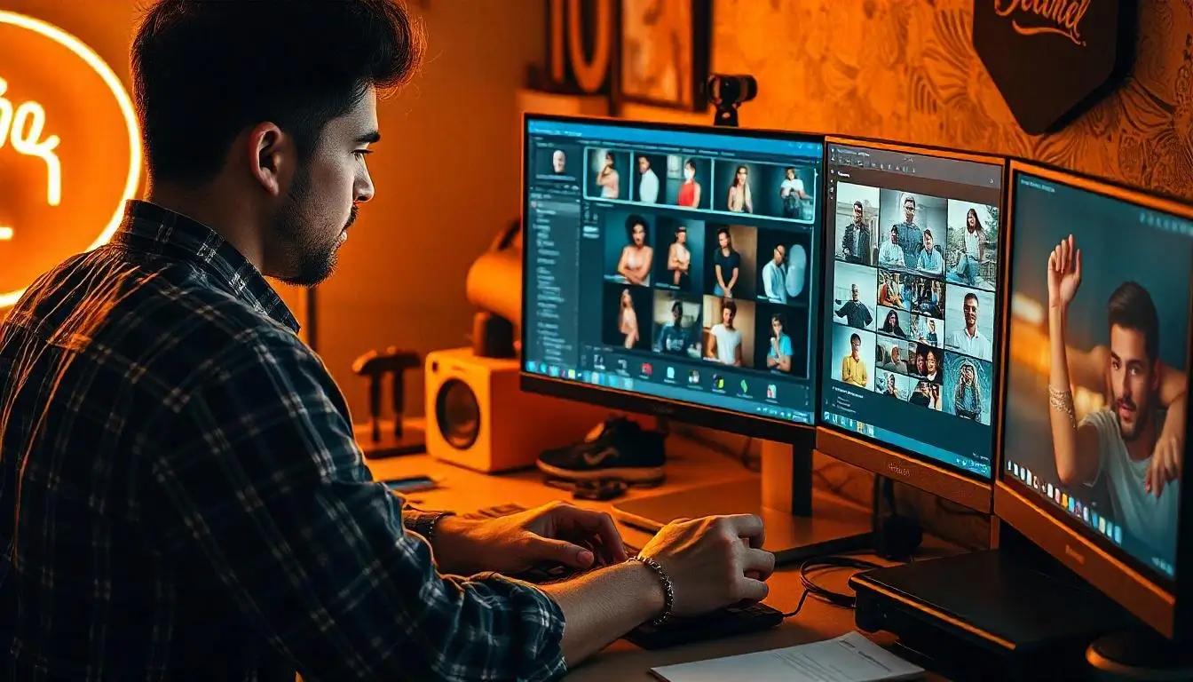 A photographer editing ecommerce product photos on a high-resolution screen using professional editing software.