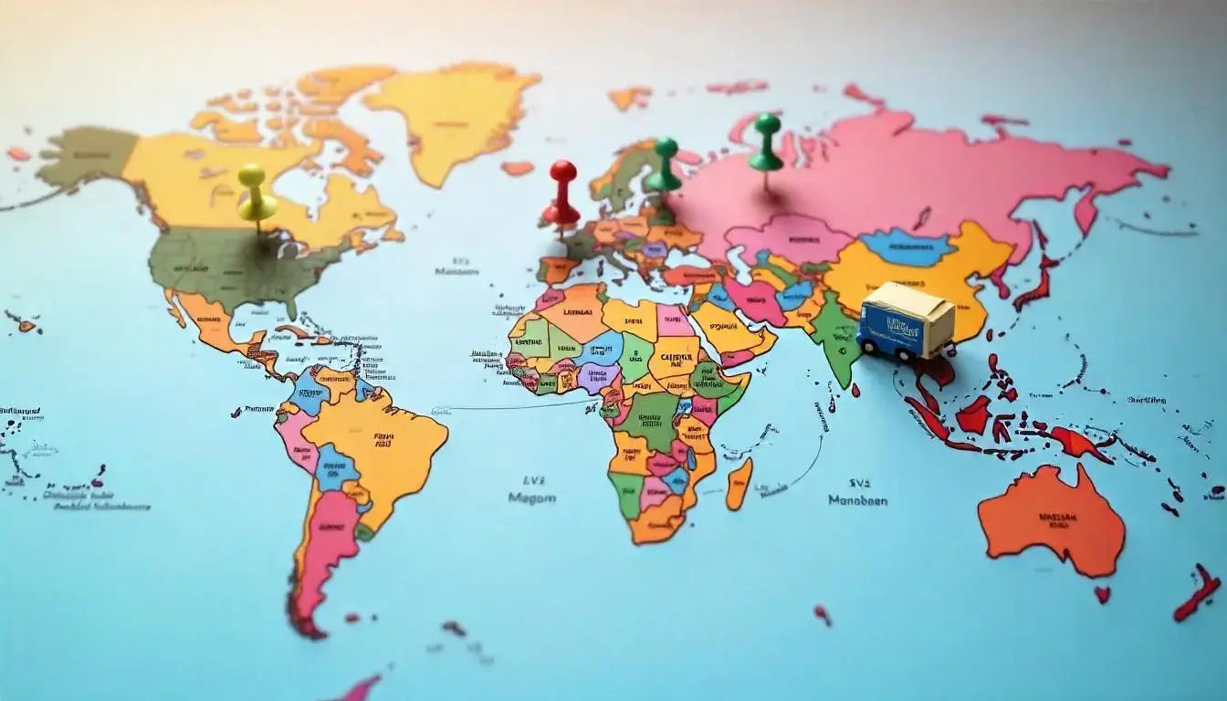 World map illustrating global reach of ecommerce business with shopping icons.
