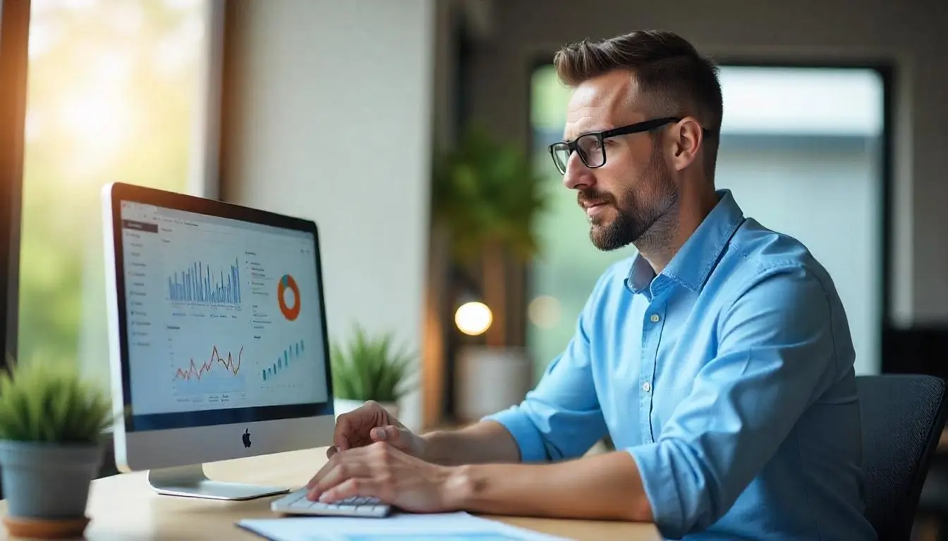 Business owner reviewing B2B eCommerce sales analytics and performance metrics on a dashboard.